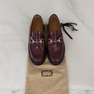 Gucci Women's Burgundy Leather Horsebit Lug Loafers